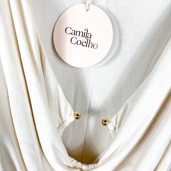 Camila Coelho Yasmeen Midi Dress Cream Jersey Metallic Rings Ruched Sz L - Picture 9 of 10